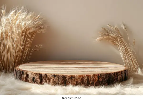 Natural Wood Slice Display with Wheat Ears