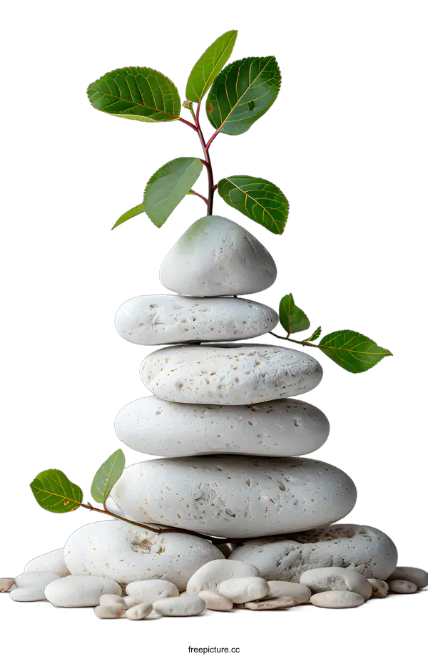 [Transparent Background PNG]Stack of white stones with green leaves
