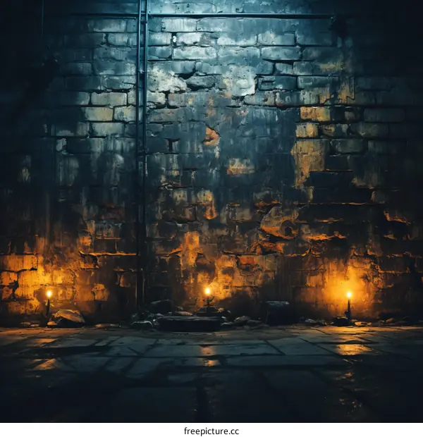 Grungy stone wall with three lit candles on the wet floor