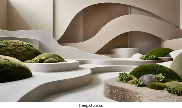 Modern Interior Design with Green Moss Hills and Curved Walls