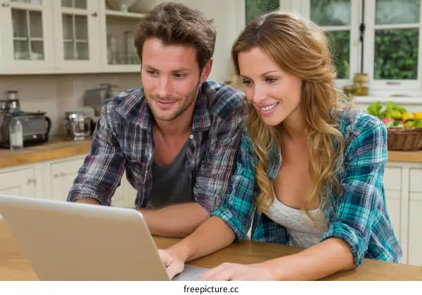 Couple using laptop in kitchen