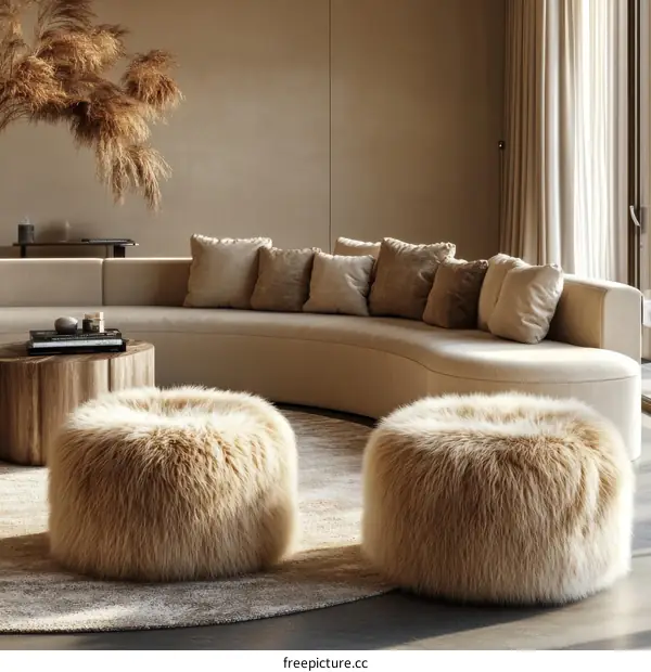 Beige Living Room with Plush Ottomans and Curved Sofa