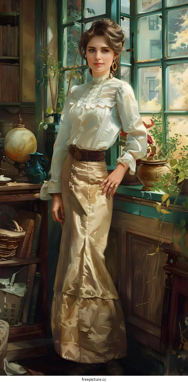 portrait of a beautiful woman in a white blouse and brown skirt standing by a window