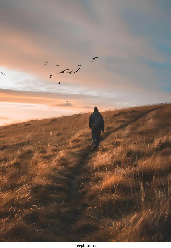 Man Walking on Grass Path at Sunset with Birds Flying Above