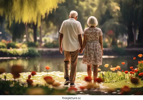 An elderly couple is walking in the park holding hands