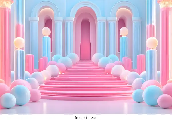 Abstract 3D Render of Pink and Blue Columns with Spheres