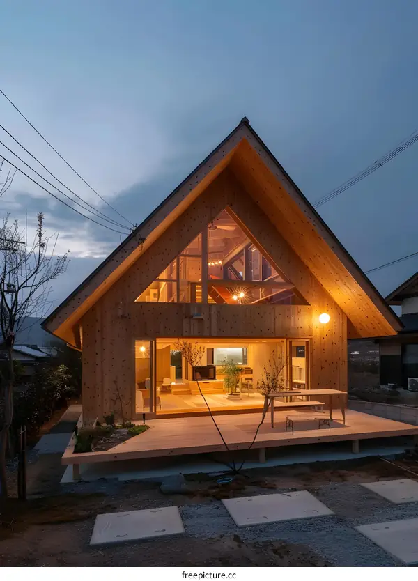 Modern Wooden House With Large Windows And A Deck
