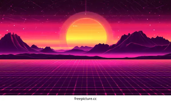 Retro Futuristic Landscape with Neon Grid
