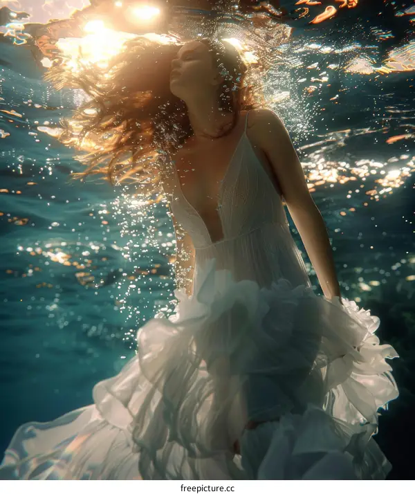 Ethereal Underwater Woman in White Dress