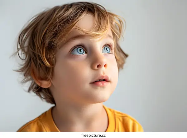 Portrait of a Young Boy Looking Up With a Curious Expression