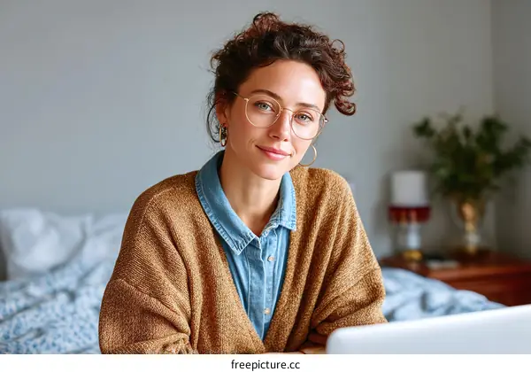 Woman with Glasses in a Cozy Interior Setting