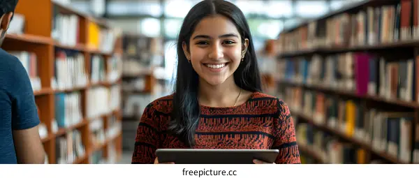 Young Woman Student Holding Tablet In Library
