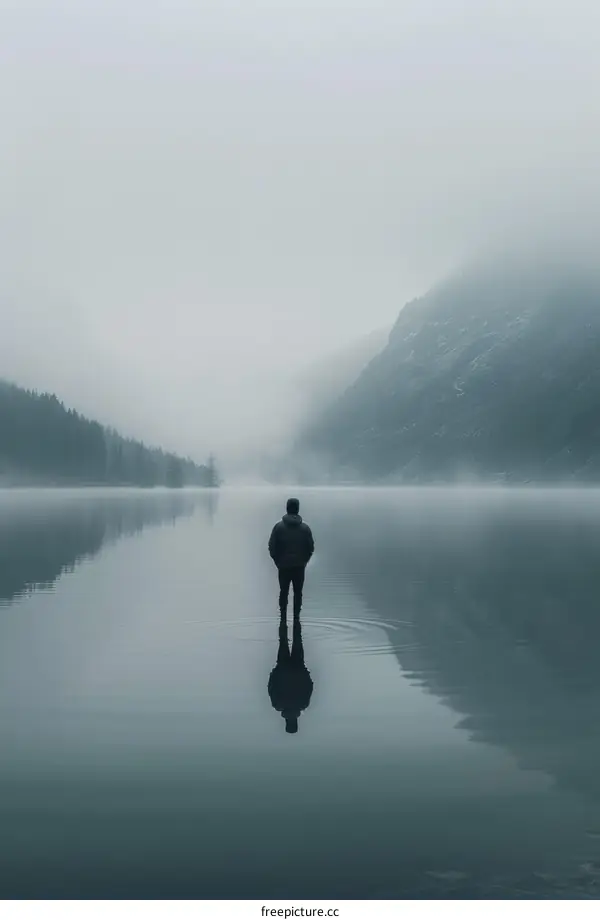 Man standing alone in a foggy lake surrounded by mountains