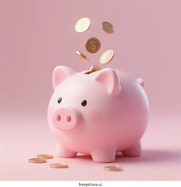 Pink Piggy Bank with Falling Coins for Saving Money