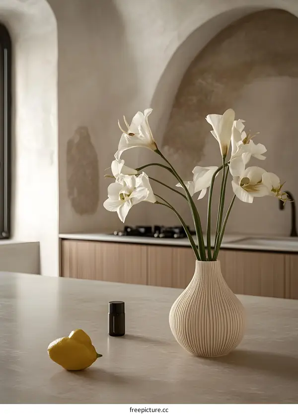 White Flowers in a Vase on a Table with a Lemon and a Bottle