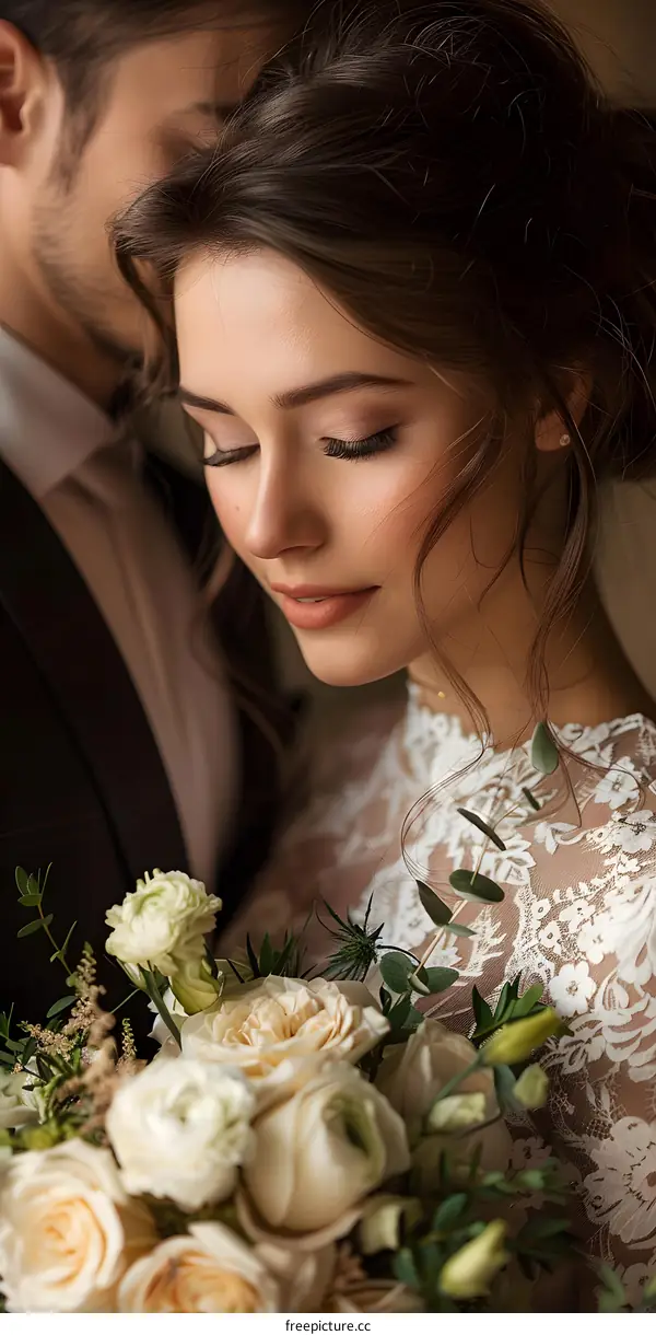 The bride is holding a bouquet of flowers, and the groom is looking at the bride affectionately