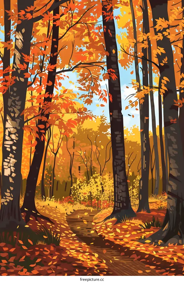Autumn Forest Path Illustration with Orange Leaves
