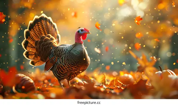 A turkey standing in the fallen leaves
