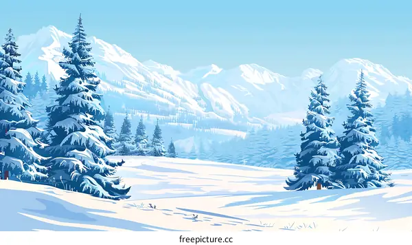 Winter Landscape with Snowy Mountains and Pine Trees
