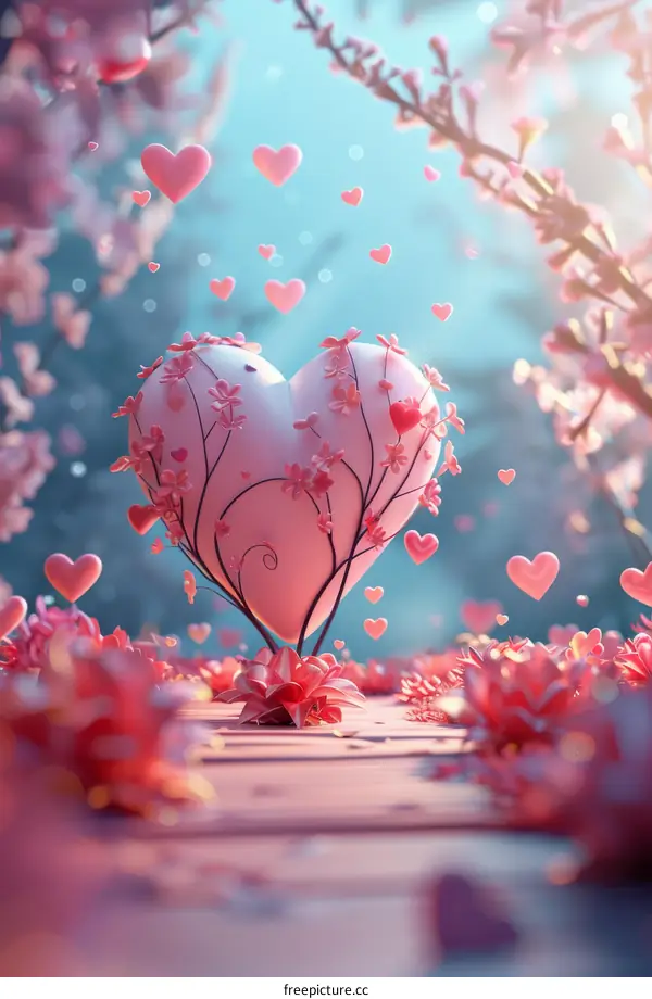 Pink Heart-Shaped Tree with Branches of Cherry Blossoms