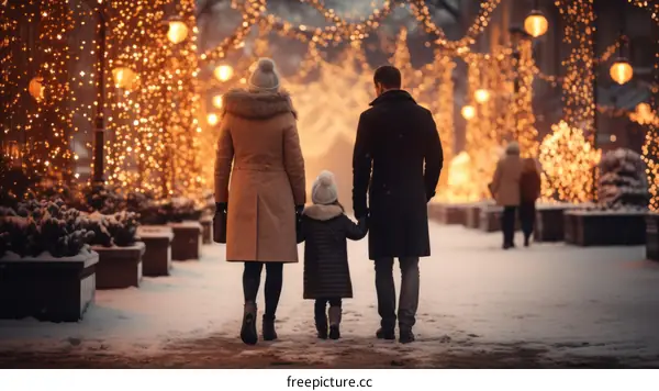 Family walking down a snowy street lit up by Christmas lights