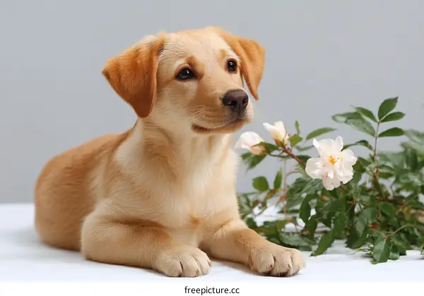 Adorable Golden Retriever Puppy with Blossoms