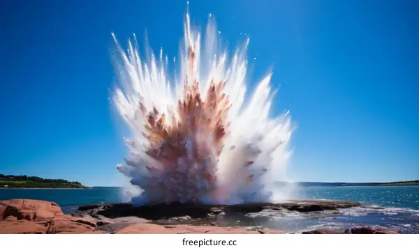 Massive explosion of water and rocks on a rocky shore