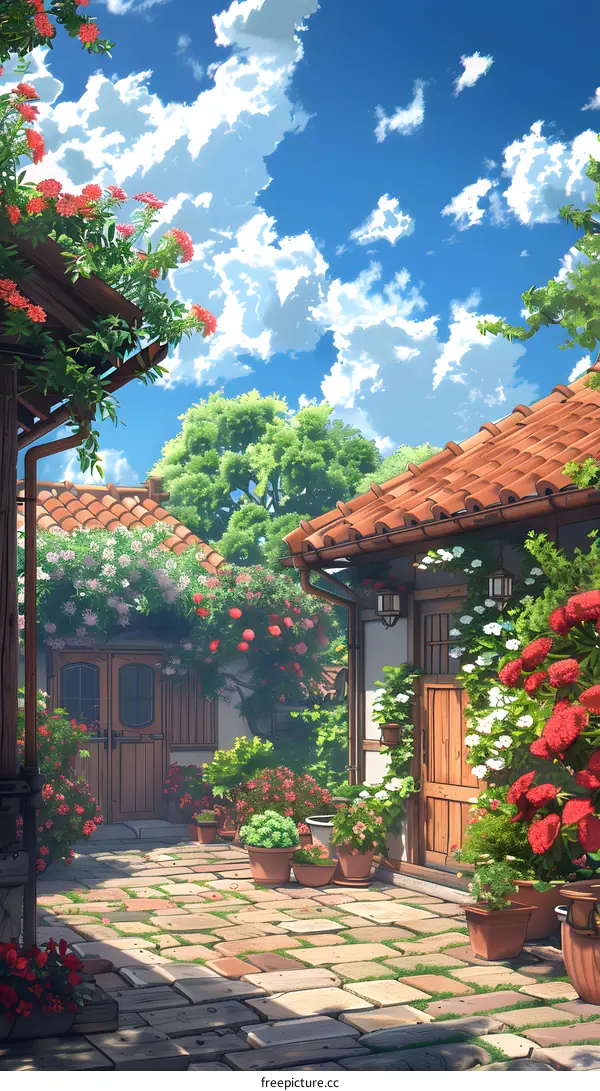 A beautiful European courtyard with flowers and plants