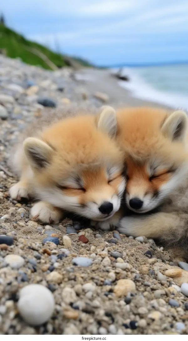 Two sleeping fox cubs on a rocky beach