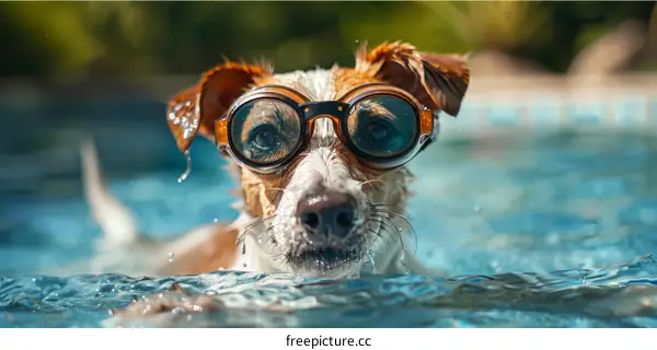 Dog Wearing Swimming Goggles in Pool