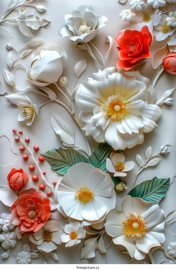 Elegant and Colorful 3D Flowers with Green Leaves