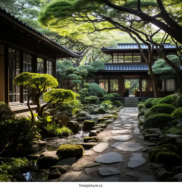 A beautiful Japanese garden with a stone path, trees, and a pond