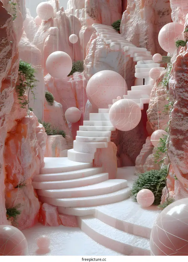 Pink surreal landscape with stairs and floating spheres