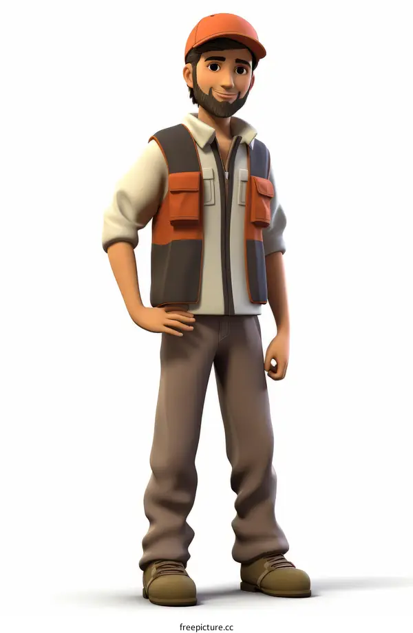 A cartoon character of a man wearing an orange hat and a gray vest