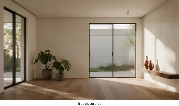 Modern bright room with large glass doors and indoor plants