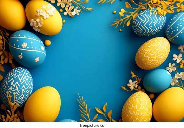 Easter Eggs Decorated on a Teal Background