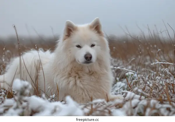 Samoyed dog lying in the snow