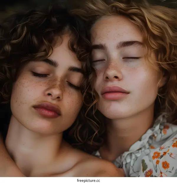 Two Young Women with Freckles Embracing