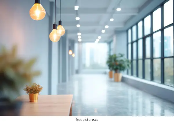Modern Office Corridor with Edison Bulbs