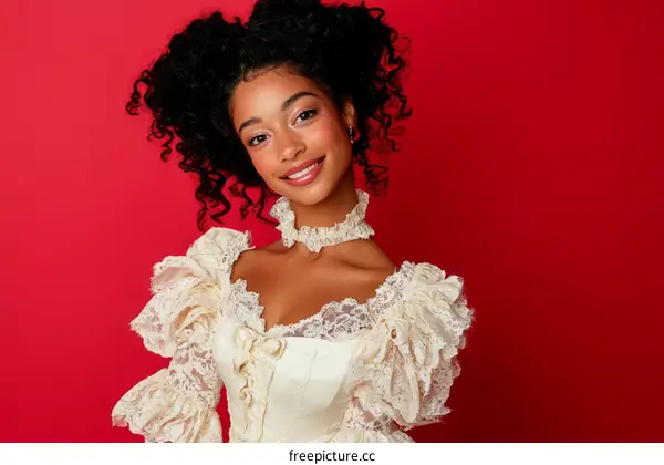 Smiling Black Woman in Vintage Lace Dress