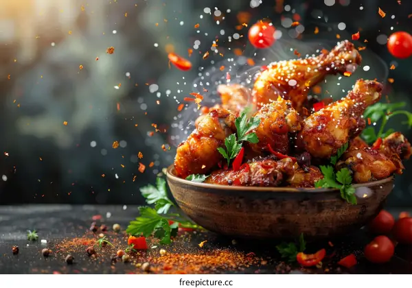 A bowl of delicious chicken wings with spices and herbs