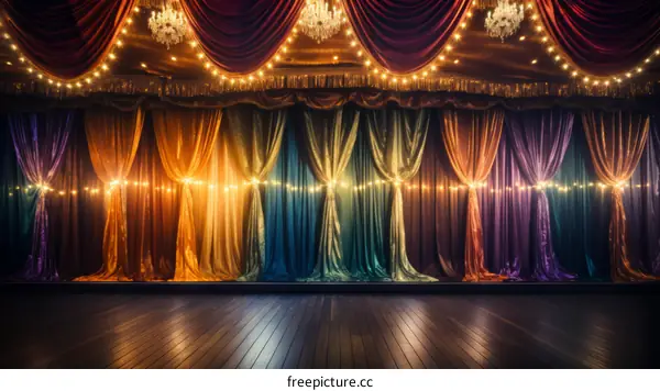 Colorful Theater Curtains With Bright Lights On Stage