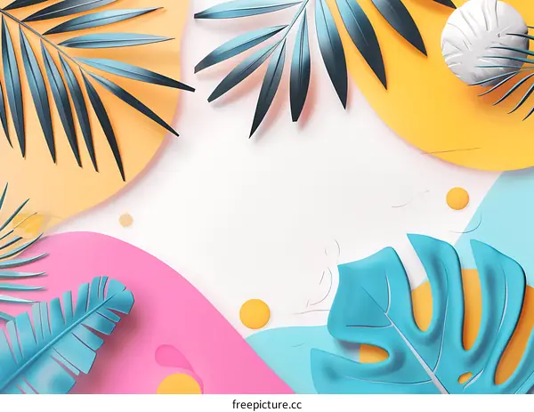 Tropical Leaves and Colorful Shapes on White Background