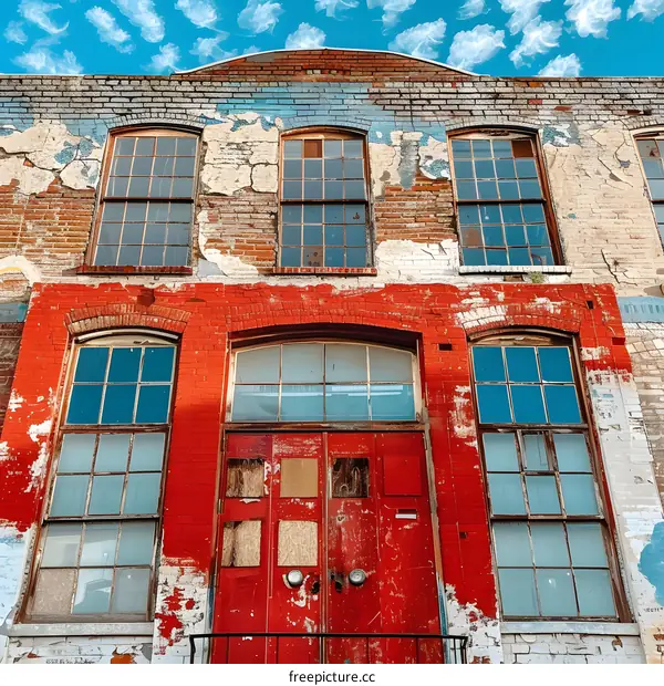 red door and blue windows of an old building