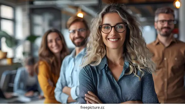 portrait of a smiling businesswoman with her team in the background