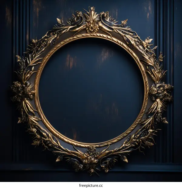 ornate gold frame on dark blue wooden background