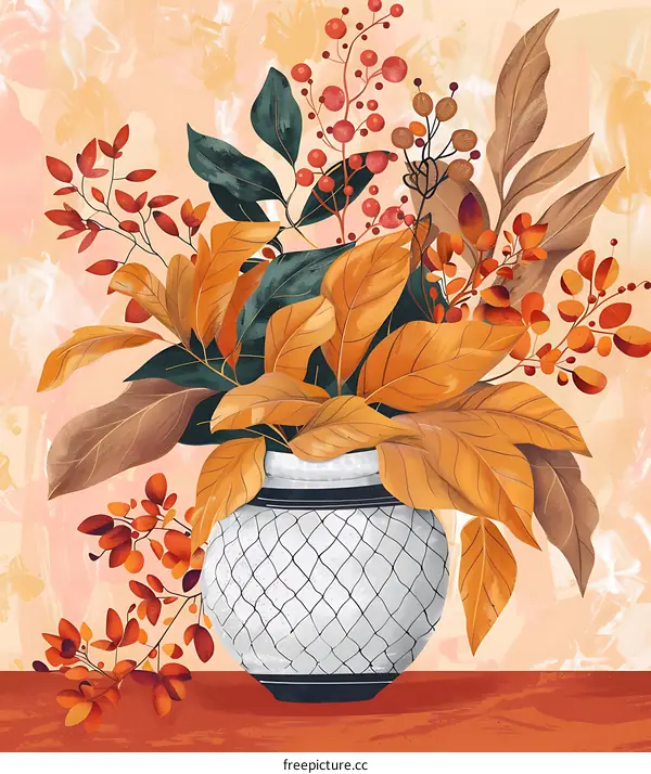 Autumn Leaves in a White Vase with a Net Pattern