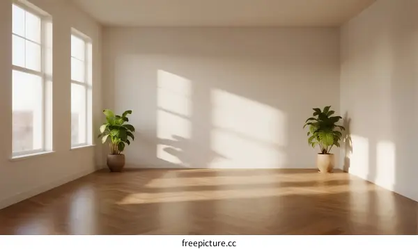 Bright and empty room with natural light and green plants