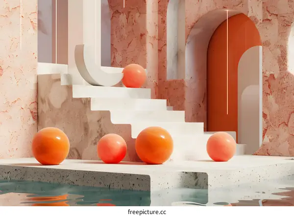 Abstract Minimalist Art with Orange Spheres and Stone Architecture