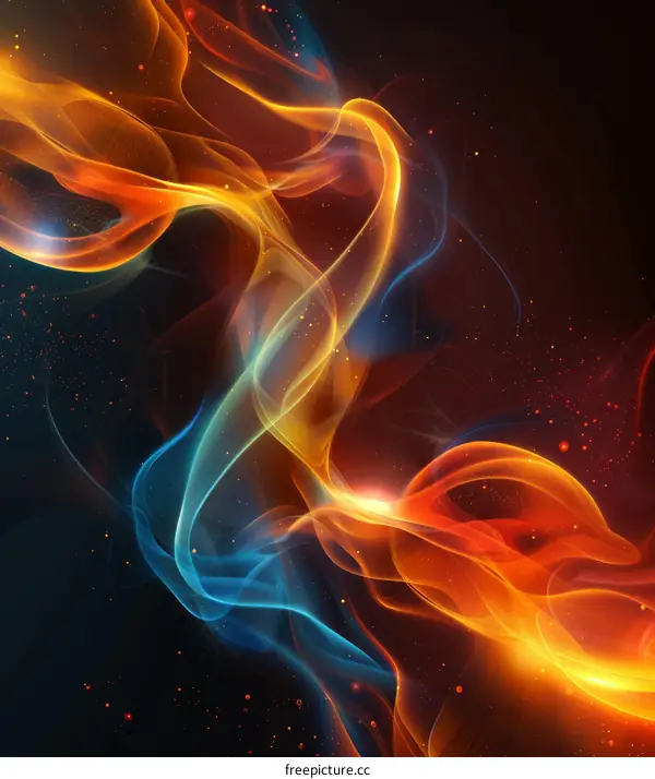 Abstract blue and orange energy flames flowing on black background